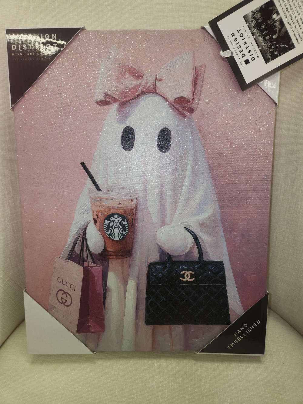 NWT Pink Glam Ghost Glitter Canvas Art with Lux Designer Logo Details
